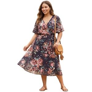 TORRID Floral Wrap Midi Maxi Dress Grey Clip Dot Chiffon Flutter Sleeve 2X Plus